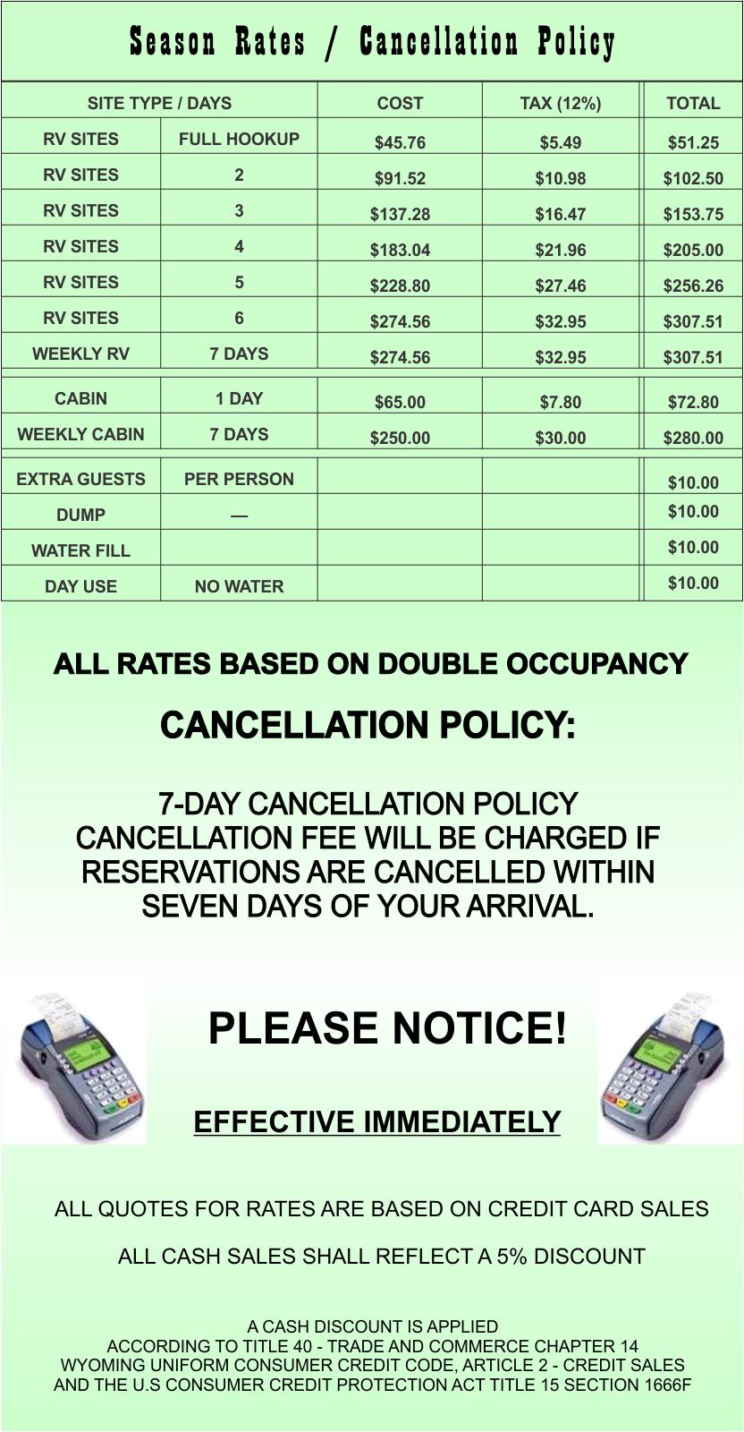 GREEN OASIS RV PARK, FIND DAILY AND WEEKLY FEES FOR FULL HOOKUP SITES, CABIN AND DAY USE. SEE ALSO OUR CANCELLATION POLICY AND CREDIT CARD CONVENIENCE FEES.